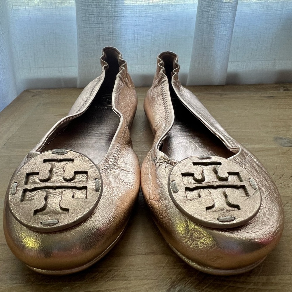 Tory Burch Minnie Travel Leather Ballet Flat Rose Gold Size 6 New - Picture 2 of 10